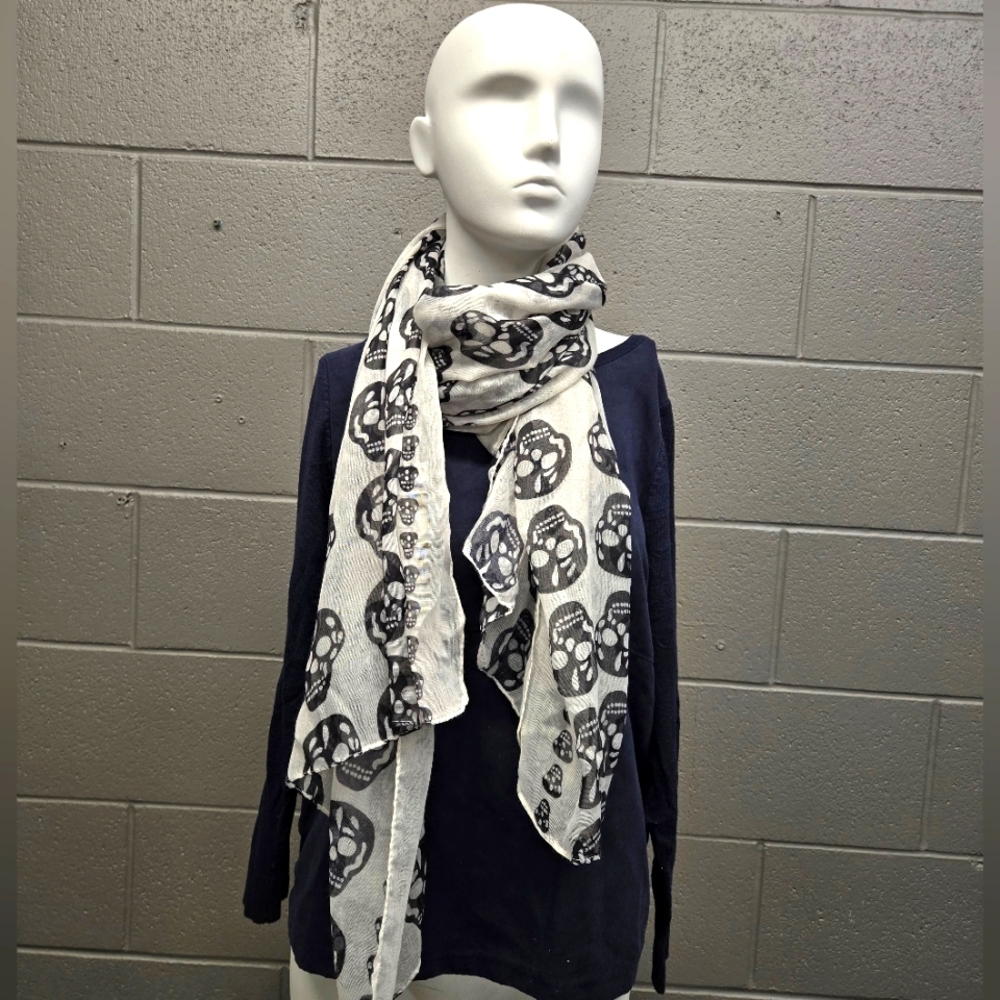White Sheer Scarf with Black Sugar Skulls